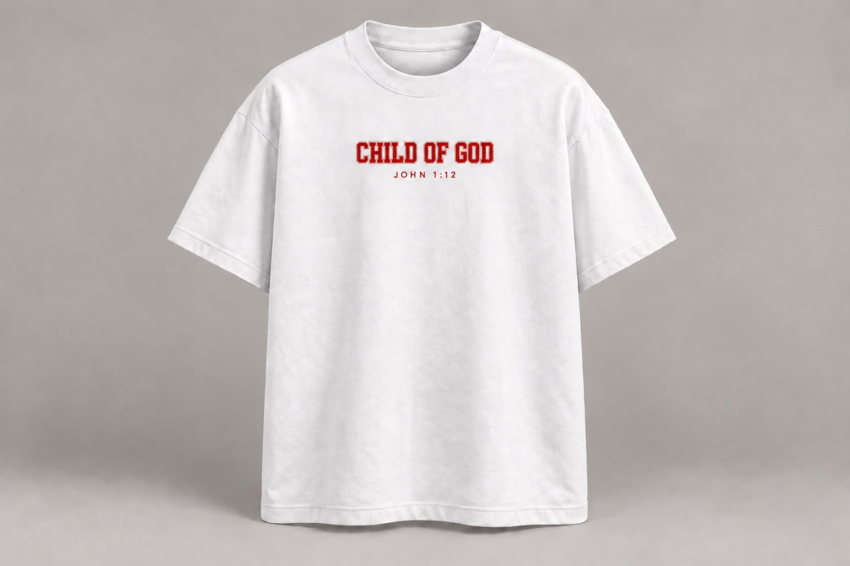 Child of God Essential Tee with red chest print and John 1:12